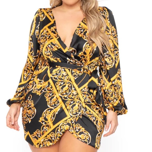 BAROQUE PRINTED TULIP HEM DRESS GOLD/BLACK 2X NWOT - Picture 3 of 6